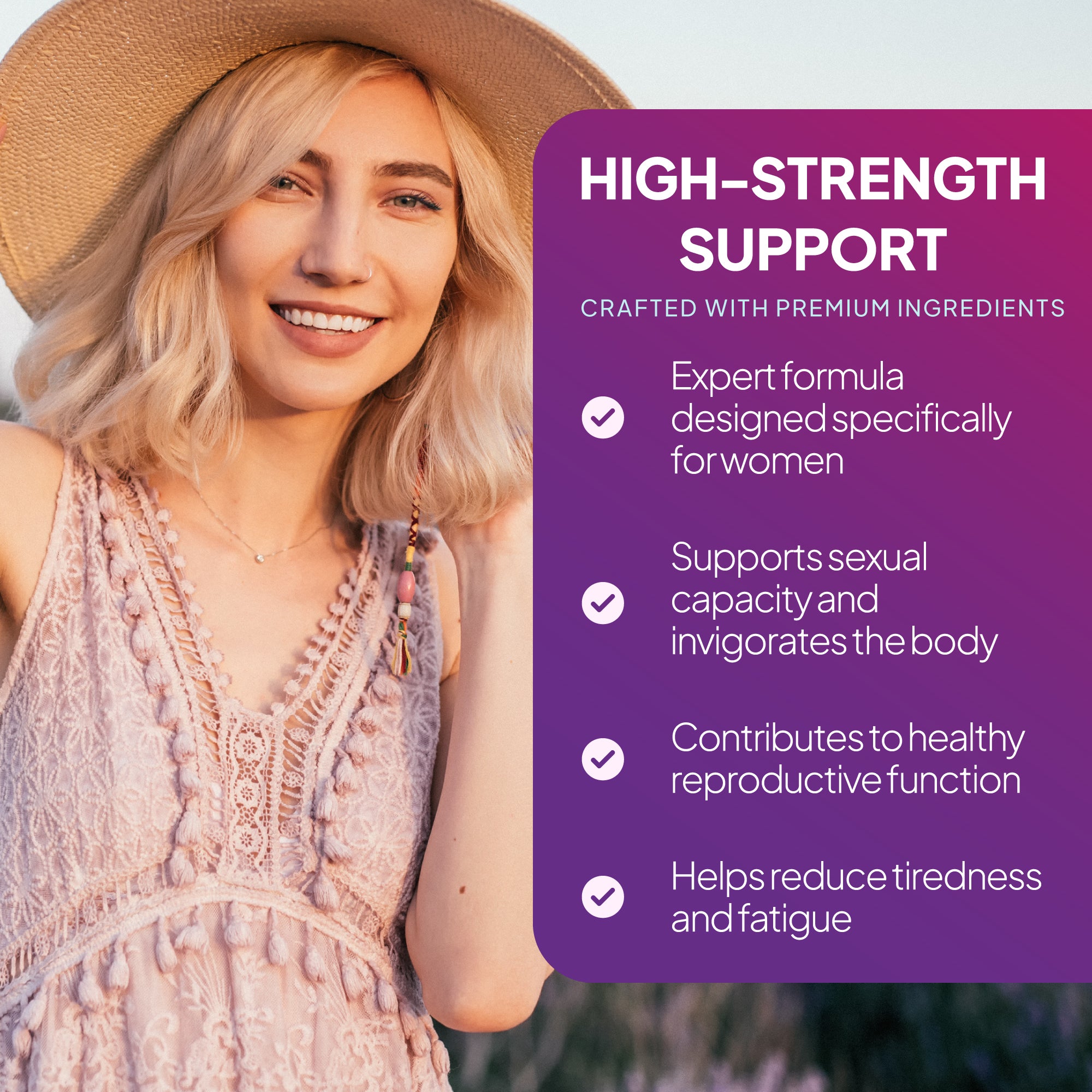 Simply Supplements Libido Plus Women lifestyle graphic highlighting high-strength support, a women’s formula, reproductive health support, and reduced tiredness and fatigue.