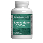 Front label of Simply Supplements Lion’s Mane 10,000mg food supplement with Siberian ginseng and vitamin B6, showing 120 capsules and mushroom complex formula.