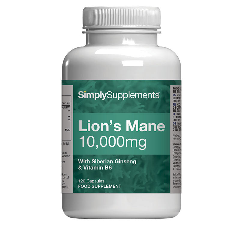 Front label of Simply Supplements Lion’s Mane 10,000mg food supplement with Siberian ginseng and vitamin B6, showing 120 capsules and mushroom complex formula.
