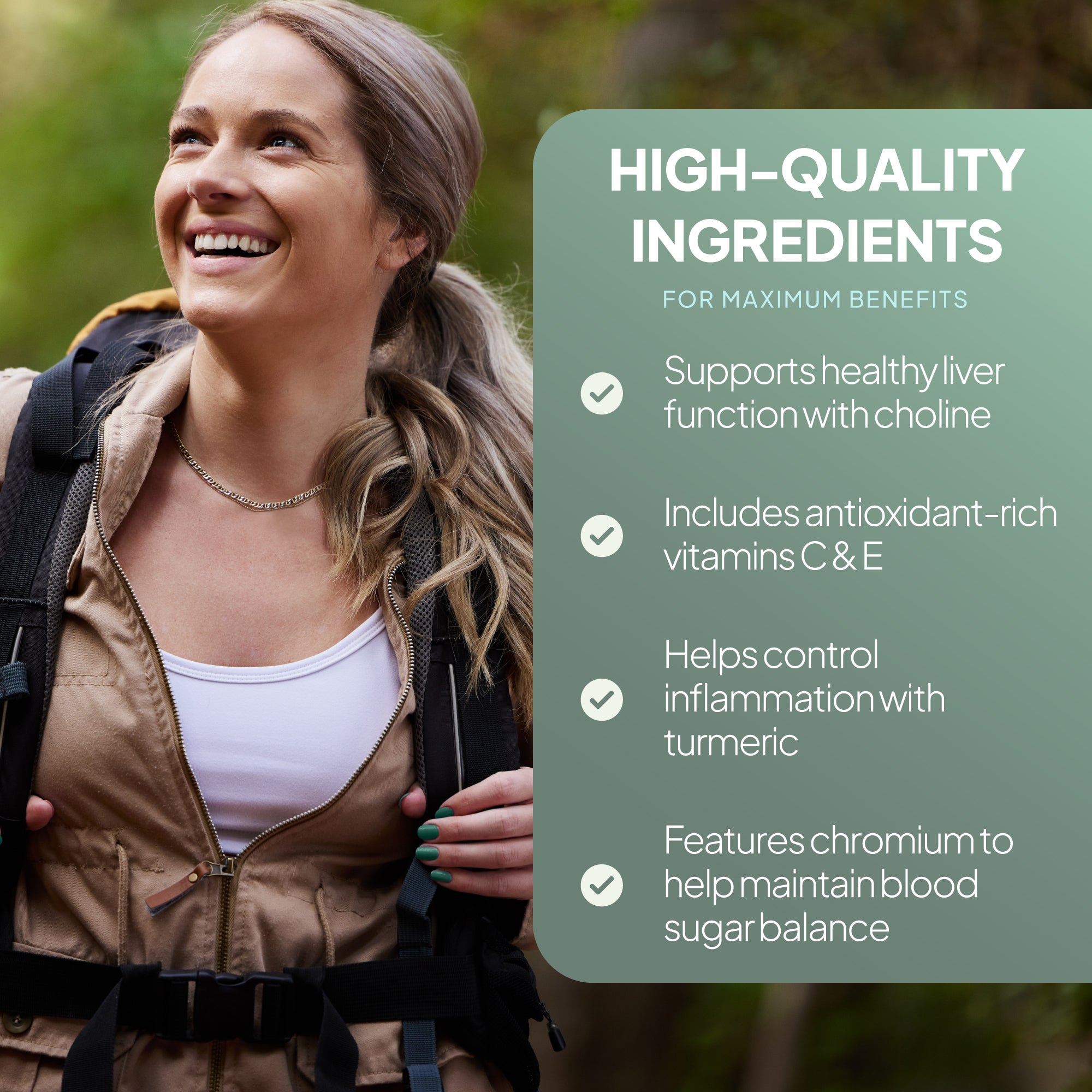 Liver Care Plus supports healthy liver function with choline, along with helping control inflammation with turmeric.