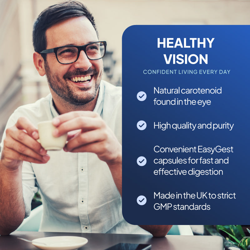 Simply Supplements Lutein 50mg lifestyle graphic highlighting natural carotenoid found in the eye, high quality and purity, EasyGest capsules for fast and effective digestion, and made in the UK to strict GMP standards.
