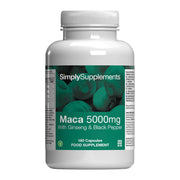 Supplement bottle labeled 'Maca 5000mg' by SimplySupplements on a white background