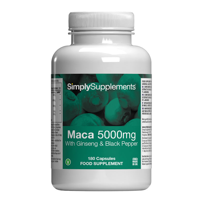 Supplement bottle labeled 'Maca 5000mg' by SimplySupplements on a white background
