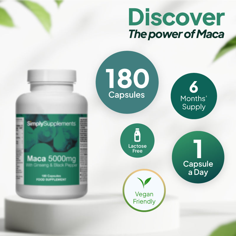Product infographic for Simply Supplements Maca 5000mg with Ginseng and Black Pepper, showing the supplement bottle beside a circular layout with maca powder, with text stating “Discover the power of Maca” and highlighting 180 capsules, up to 6 months’ supply, 1 capsule a day, suitability for vegans and vegetarians, and that it is free from artificial colours and preservatives.
