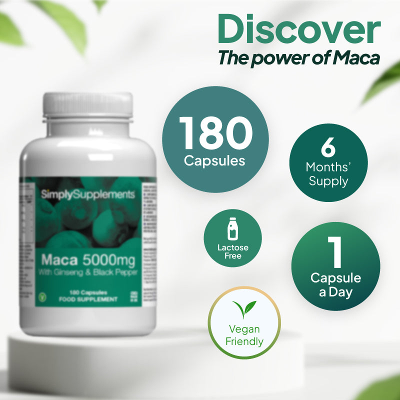 Product infographic for Simply Supplements Maca 5000mg with Ginseng and Black Pepper, showing the supplement bottle beside a circular layout with maca powder, with text stating “Discover the power of Maca” and highlighting 180 capsules, up to 6 months’ supply, 1 capsule a day, suitability for vegans and vegetarians, and that it is free from artificial colours and preservatives.
