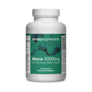 Supplement bottle labeled 'Maca 5000mg' by SimplySupplements on a white background