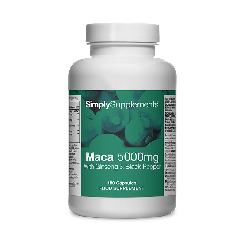 Supplement bottle labeled 'Maca 5000mg' by SimplySupplements on a white background