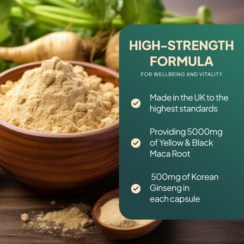 Promotional product graphic for Simply Supplements Maca 5000mg with Ginseng and Black Pepper, highlighting the product is made in the UK to the highest standards providing 500mg of yellow and black maca root and 500mg of Korean Ginseng in each capsules