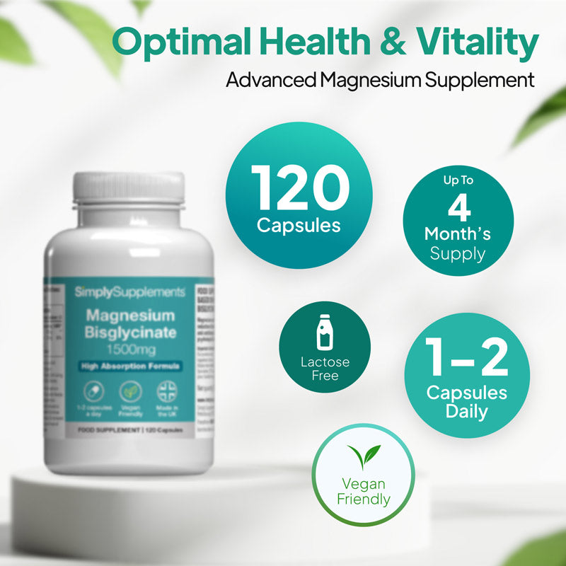 Product infographic for Simply Supplements Magnesium Bisglycinate 1500mg showing 120 capsules, up to 4 months’ supply, lactose free, vegan friendly, and a suggested intake of 1–2 capsules daily.
