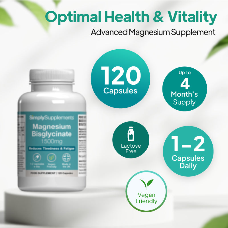 Product infographic for Simply Supplements Magnesium Bisglycinate 1500mg showing 120 capsules, up to 4 months’ supply, lactose free, vegan friendly, and a suggested intake of 1–2 capsules daily.