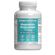 Supplement bottle labeled 'SimplySupplements Magnesium Bisglycinate 1500mg' on a white background