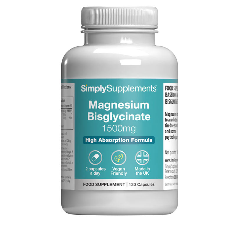 Supplement bottle labeled 'SimplySupplements Magnesium Bisglycinate 1500mg' on a white background