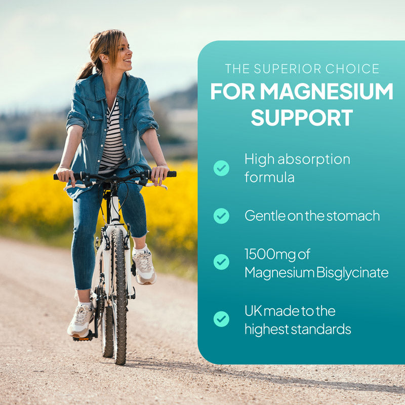 Lifestyle promotional graphic for Simply Supplements Magnesium Bisglycinate 1500mg, showing a woman cycling beside text highlighting high absorption, gentle-on-the-stomach support, 1500mg of magnesium bisglycinate, and UK-made quality.