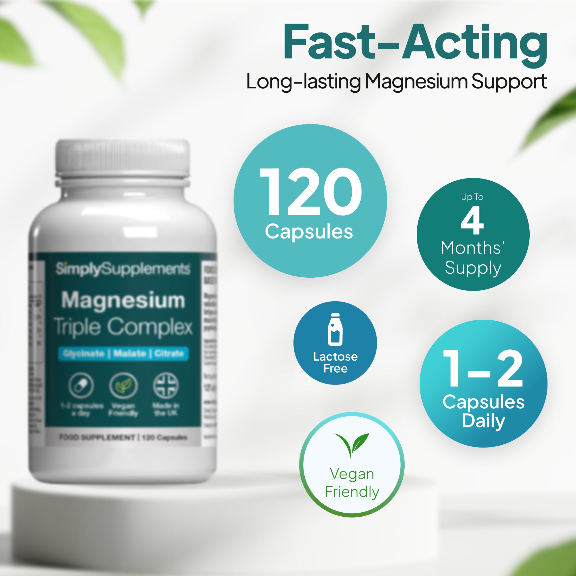 Supplement bottle labeled 'Magnesium Triple Complex' with product details on a light background