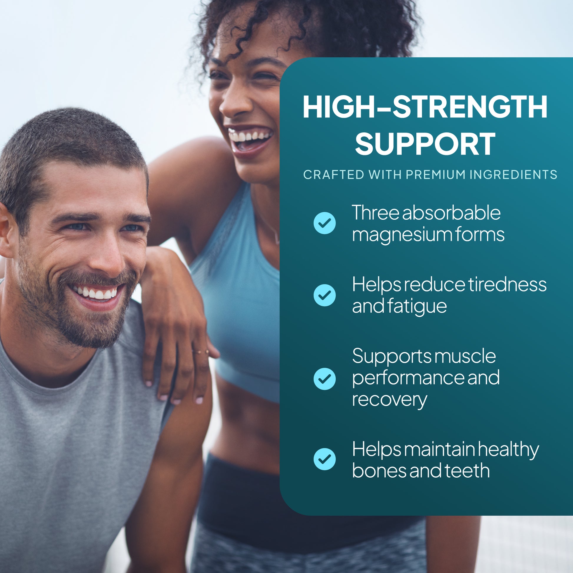 Two people smiling with a product feature card on high-strength support.