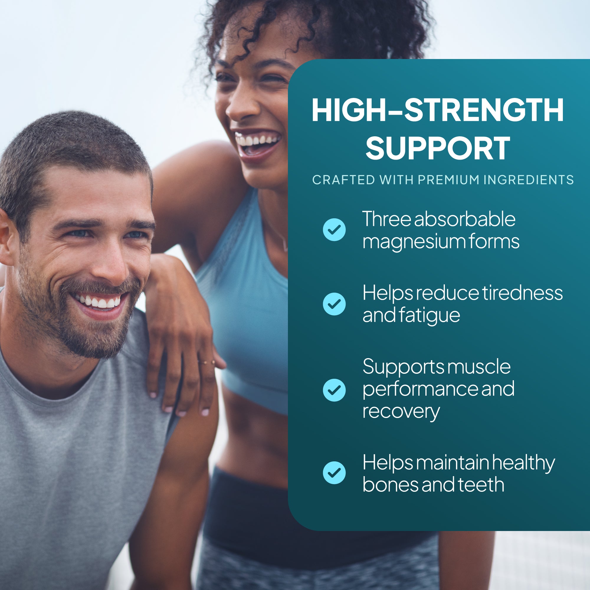 Two people smiling with a product feature card on high-strength support.
