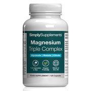 Supplement bottle labeled 'SimplySupplements Magnesium Triple Complex' on a white background
