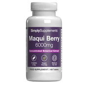 Supplement bottle labeled 'SimplySupplements Maqui Berry 6000mg' on a white background