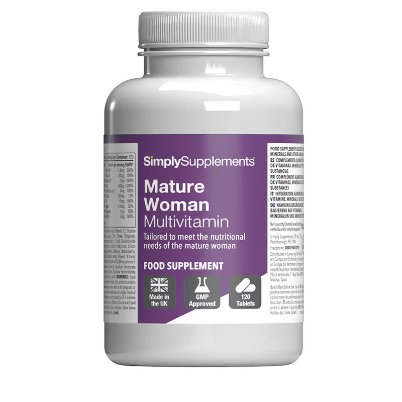 White supplement bottle labeled 'SimplySupplements Mature Woman Multivitamin' on a white background