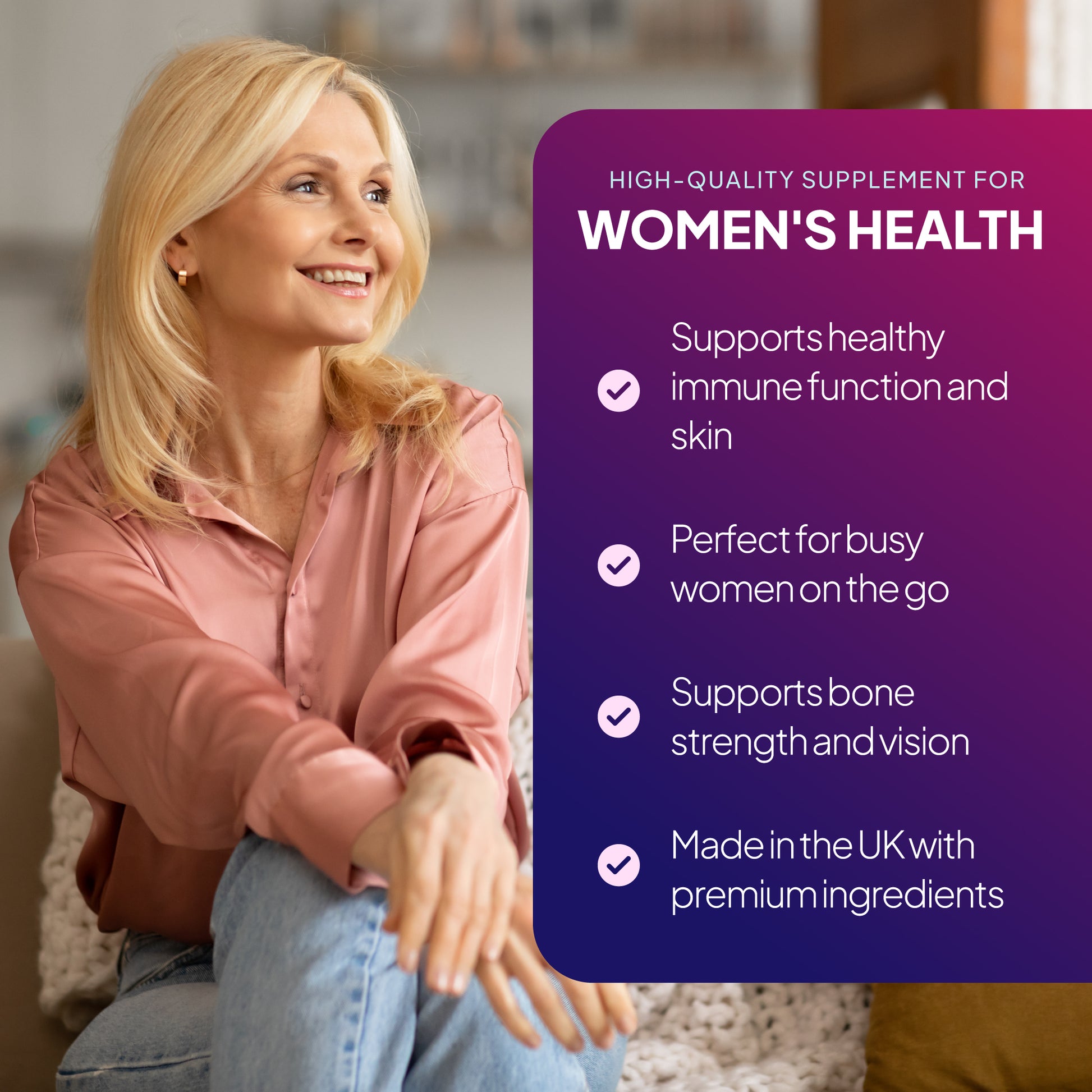 Mature Woman Multivitamins support healthy immune function and skin- perfect for busy women on the go.
