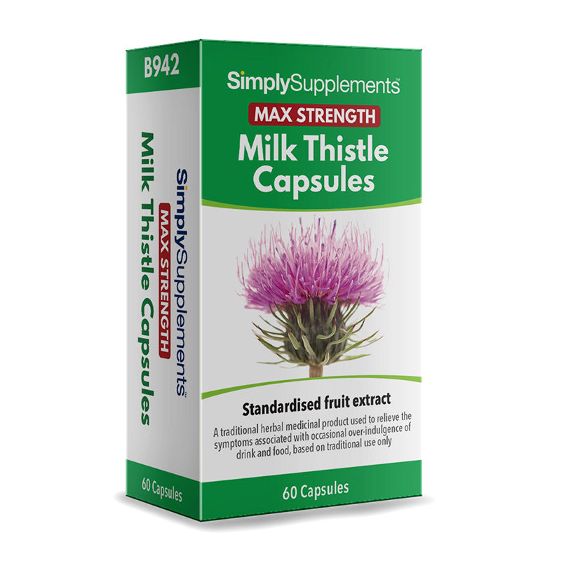 Box of SimplySupplements Max Strength Milk Thistle Capsules on a white background