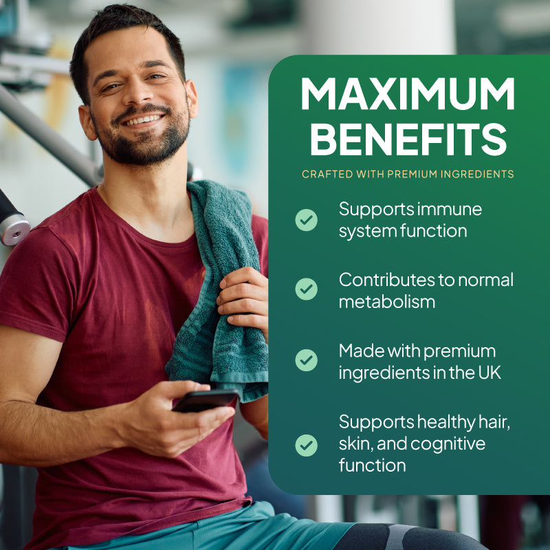 A smiling man in a gym setting wearing a maroon t-shirt and teal shorts, holding a phone and a teal towel over his shoulder. A large green text panel on the right lists benefits such as immune system support, normal metabolism, premium ingredients in the UK, and healthy hair, skin, and cognitive function.