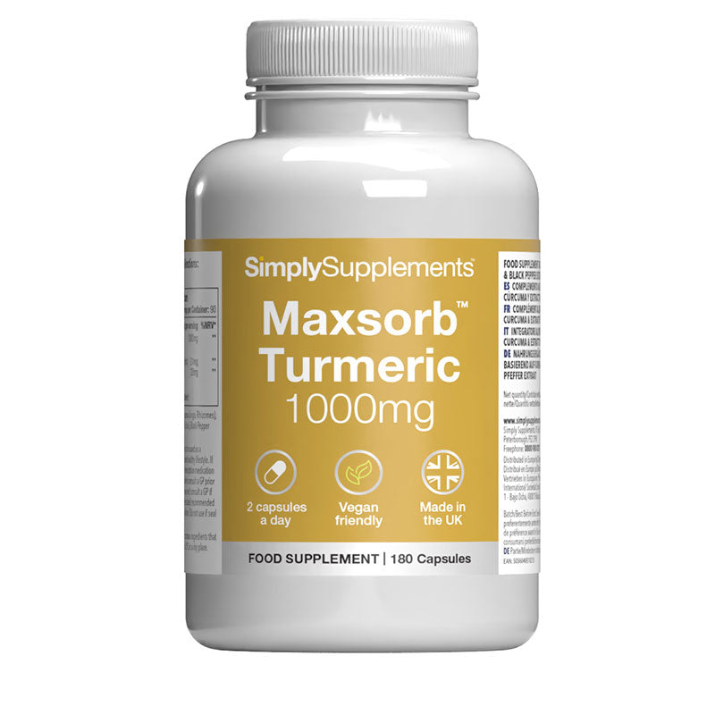 Simply Supplements' Maxsorb Turmeric 1000mg product on a white background