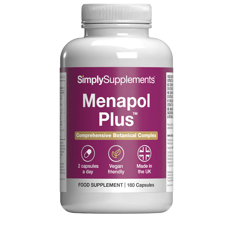 Supplement bottle labeled 'Menapol Plus' by Simply Supplements on a white background