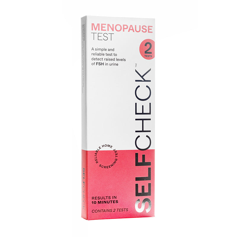 Menopause test kit packaging with 'Self Check' branding on a white background