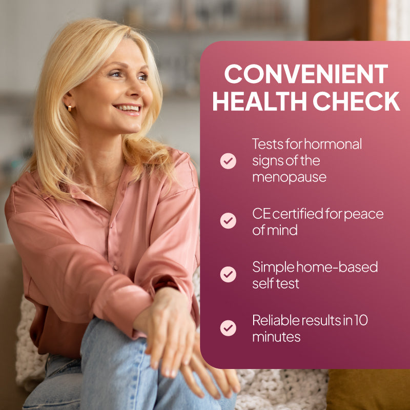Lifestyle promotional graphic for the SELFCheck Menopause Test, showing a smiling blonde woman seated indoors beside a pink text panel reading “Convenient Health Check,” with points highlighting testing for hormonal signs of menopause, CE certification for reassurance, a simple home-based self-test, and reliable results in 10 minutes.