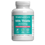 Supplement bottle labeled 'Milk Thistle 3000mg' by SimplySupplements on a white background