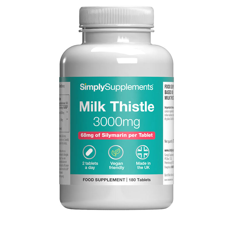 Supplement bottle labeled 'Milk Thistle 3000mg' by SimplySupplements on a white background