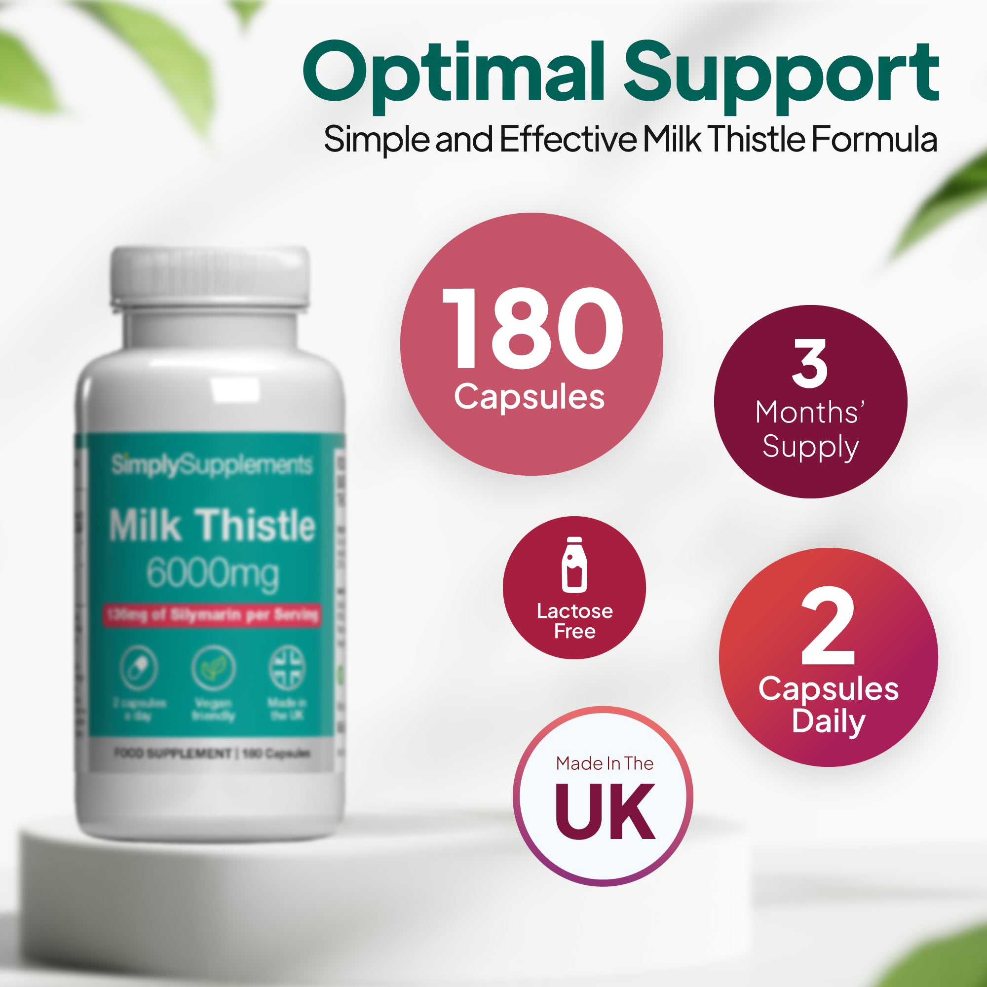 Product infographic for Simply Supplements Milk Thistle 6000mg showing 180 tablets, a 3 months’ supply, lactose free, free from artificial colours and preservatives, and a suggested intake of 2 capsules daily.