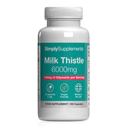 Supplement bottle labeled 'Milk Thistle 6000mg' by SimplySupplements on a white background