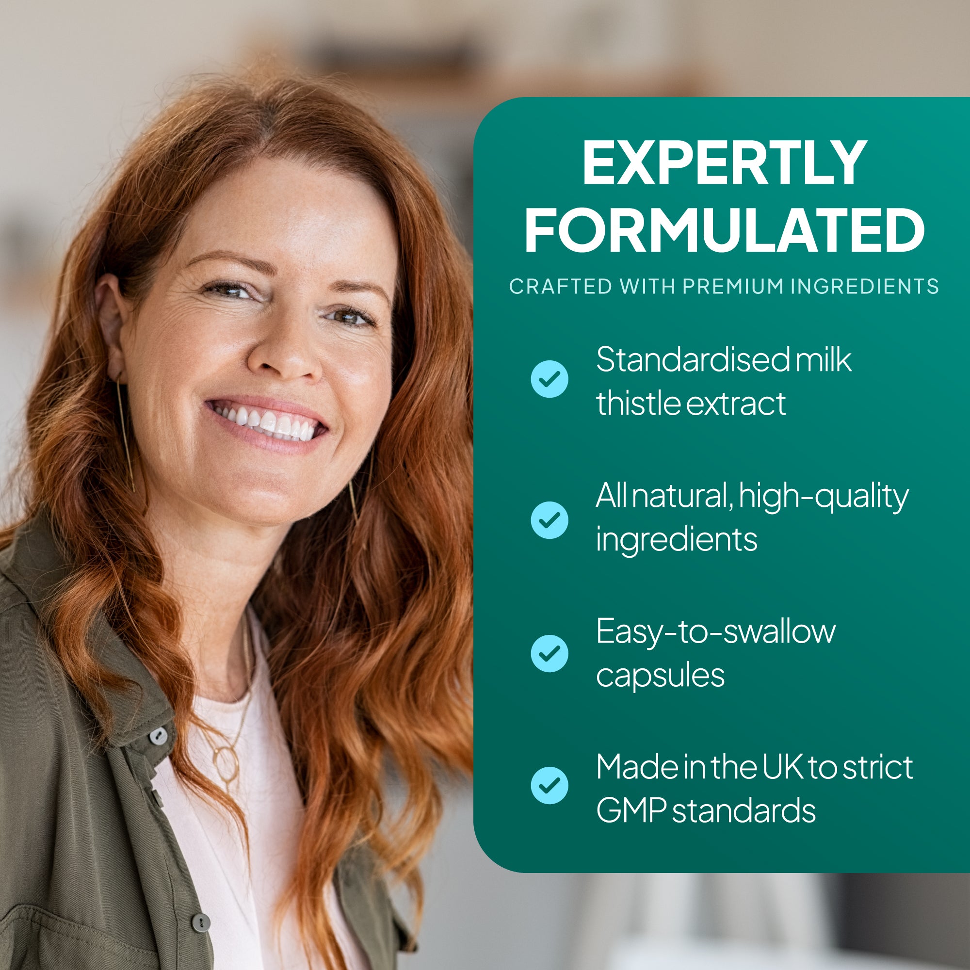 Lifestyle promotional graphic for Simply Supplements Milk Thistle 6000mg showing a smiling woman beside text highlighting standardised milk thistle extract, all-natural high-quality ingredients, easy-to-swallow tablets, and UK manufacturing to strict GMP standards.
