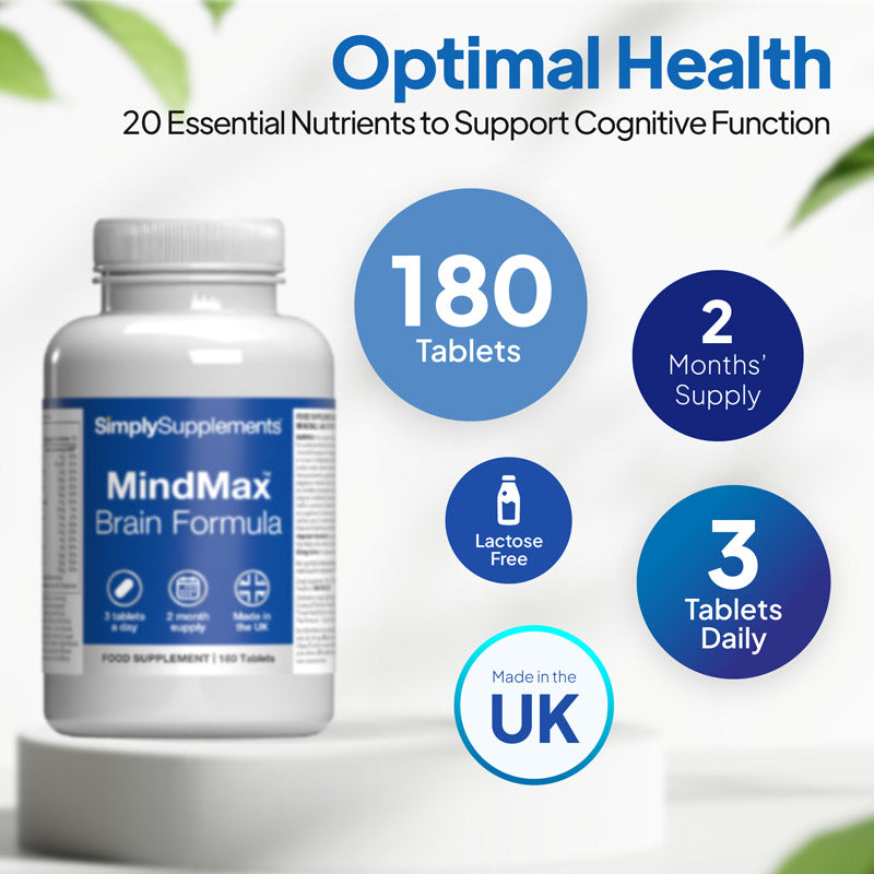 Simply Supplements MindMax Brain Formula with 20 essential nutrients, 180 tablets, 2 months’ supply, 3 tablets daily, lactose free, made in the UK.