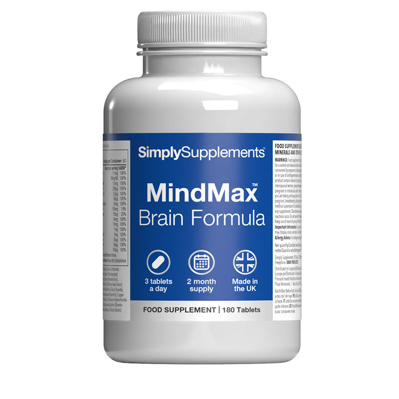 Simply Supplements MindMax Brain Formula food supplement, 180 tablets, 2 month supply, 3 tablets a day, made in the UK.