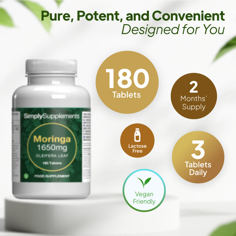Simply Supplements Moringa 1650mg supplement graphic showing 180 tablets, 2 months supply, 3 tablets daily, lactose free formula and vegan friendly convenience.