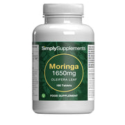 Front label of Simply Supplements Moringa 1650mg Oleifera Leaf food supplement, showing 180 tablets and concentrated moringa leaf formula.