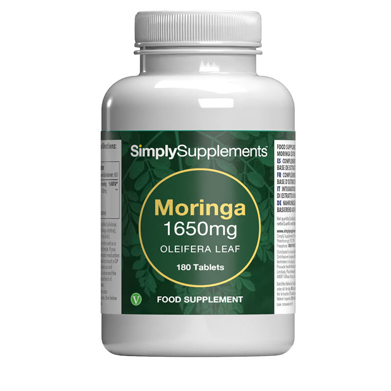 Front label of Simply Supplements Moringa 1650mg Oleifera Leaf food supplement, showing 180 tablets and concentrated moringa leaf formula.