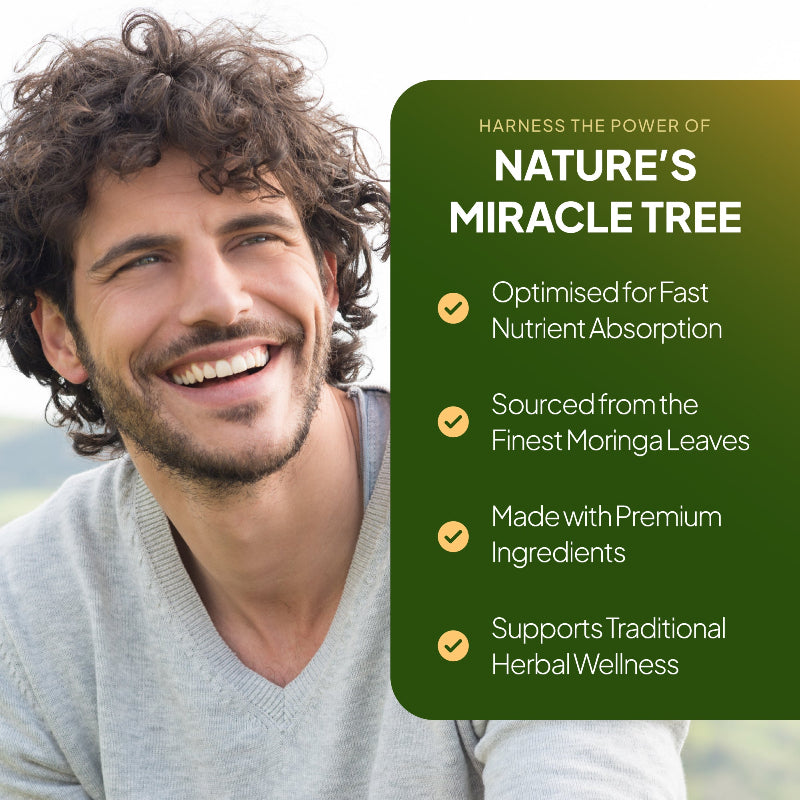 Simply Supplements Moringa 1650mg lifestyle graphic highlighting moringa oleifera leaf, fast nutrient absorption, premium ingredients and traditional herbal wellness support.