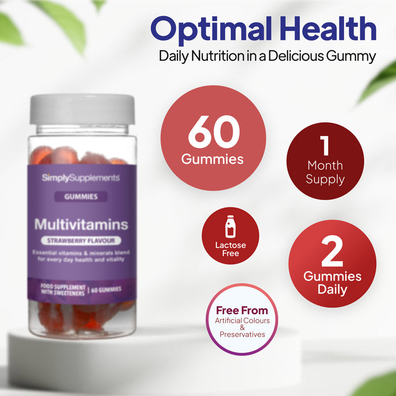 Multivitamins gummies bottle image with 60 gummies, 1 month supply, lactose free, 2 gummies daily, and free from artificial colours and preservatives