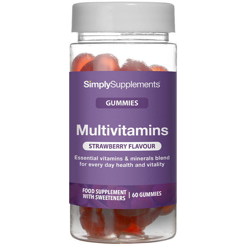 Simply Supplements Multivitamins gummies food supplement with strawberry flavour, essential vitamins and minerals blend for everyday health and vitality, and 60 gummies