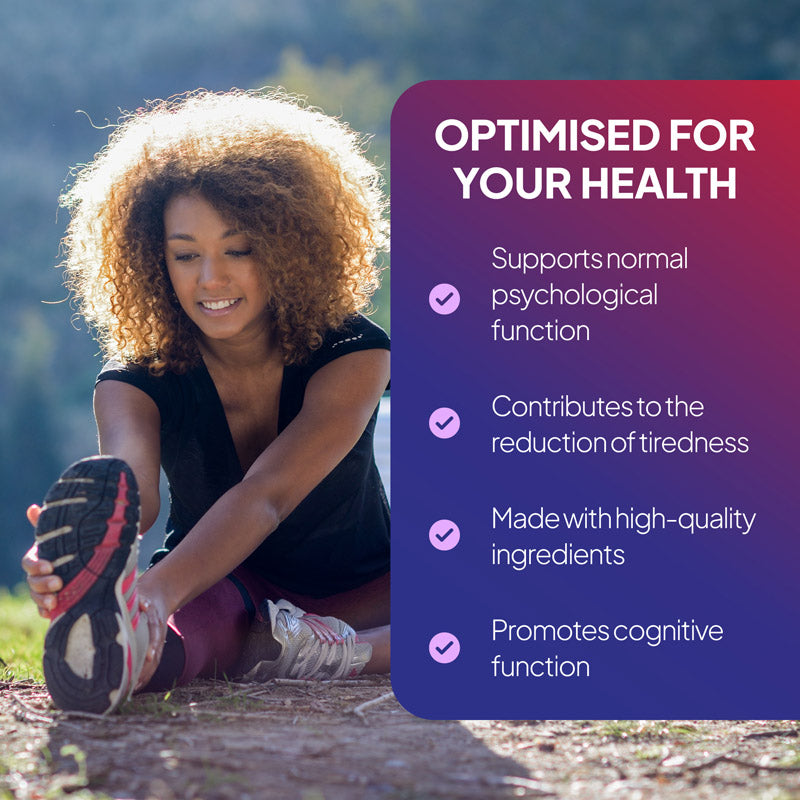 Multivitamin gummies lifestyle benefits image showing a woman stretching outdoors alongside claims about support for normal psychological function, reduced tiredness, cognitive function, and high-quality ingredients