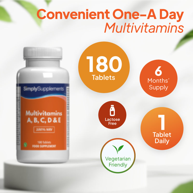 Product infographic for Simply Supplements Multivitamins A, B, C, D & E showing 180 tablets, a 12-month supply, lactose free, vegetarian friendly, and a suggested intake of 1 tablet daily.