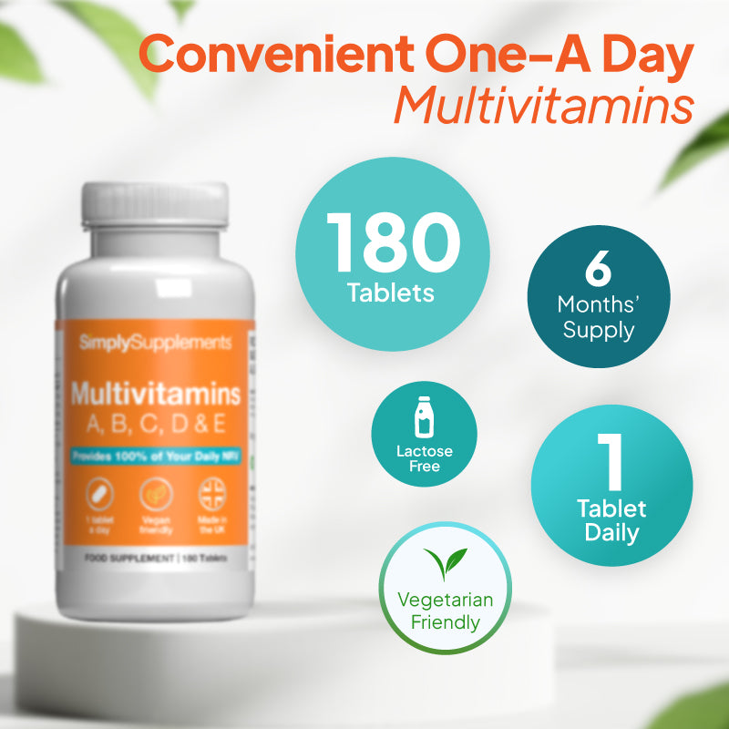 Product infographic for Simply Supplements Multivitamins A, B, C, D & E showing 180 tablets, a 6-month supply, lactose free, vegetarian friendly, and a suggested intake of 1 tablet daily.