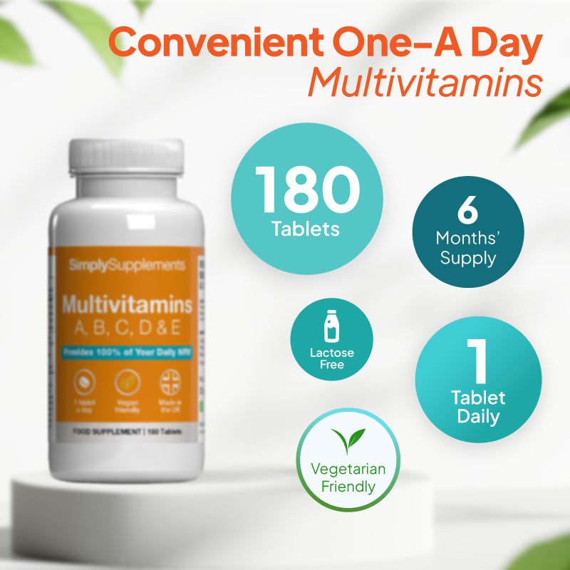 Product infographic for Simply Supplements Multivitamins A, B, C, D & E showing 360 tablets, a 12-month supply, lactose free, vegetarian friendly, and a suggested intake of 1 tablet daily.