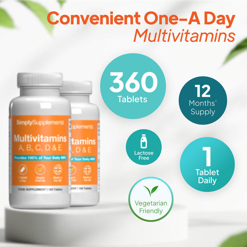 Product infographic for Simply Supplements Multivitamins A, B, C, D & E showing 360 tablets, a 12-month supply, lactose free, vegetarian friendly, and a suggested intake of 1 tablet daily.
