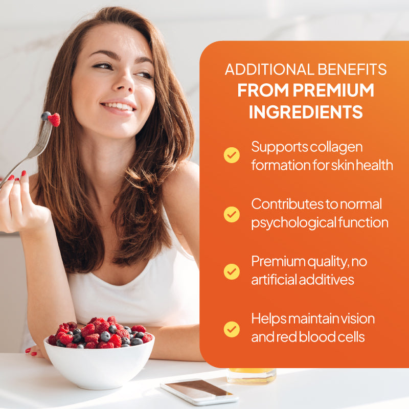Lifestyle promotional graphic showing a woman eating berries beside text highlighting additional benefits from premium multivitamin ingredients, including collagen formation support for skin health, psychological function support, no artificial additives, and help maintaining vision and red blood cells.