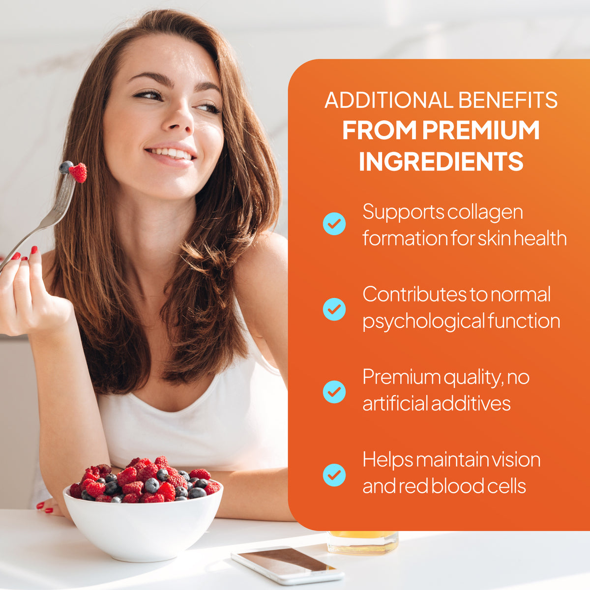 Lifestyle promotional graphic showing a woman eating berries beside text highlighting additional benefits from premium multivitamin ingredients, including collagen formation support for skin health, psychological function support, no artificial additives, and help maintaining vision and red blood cells.